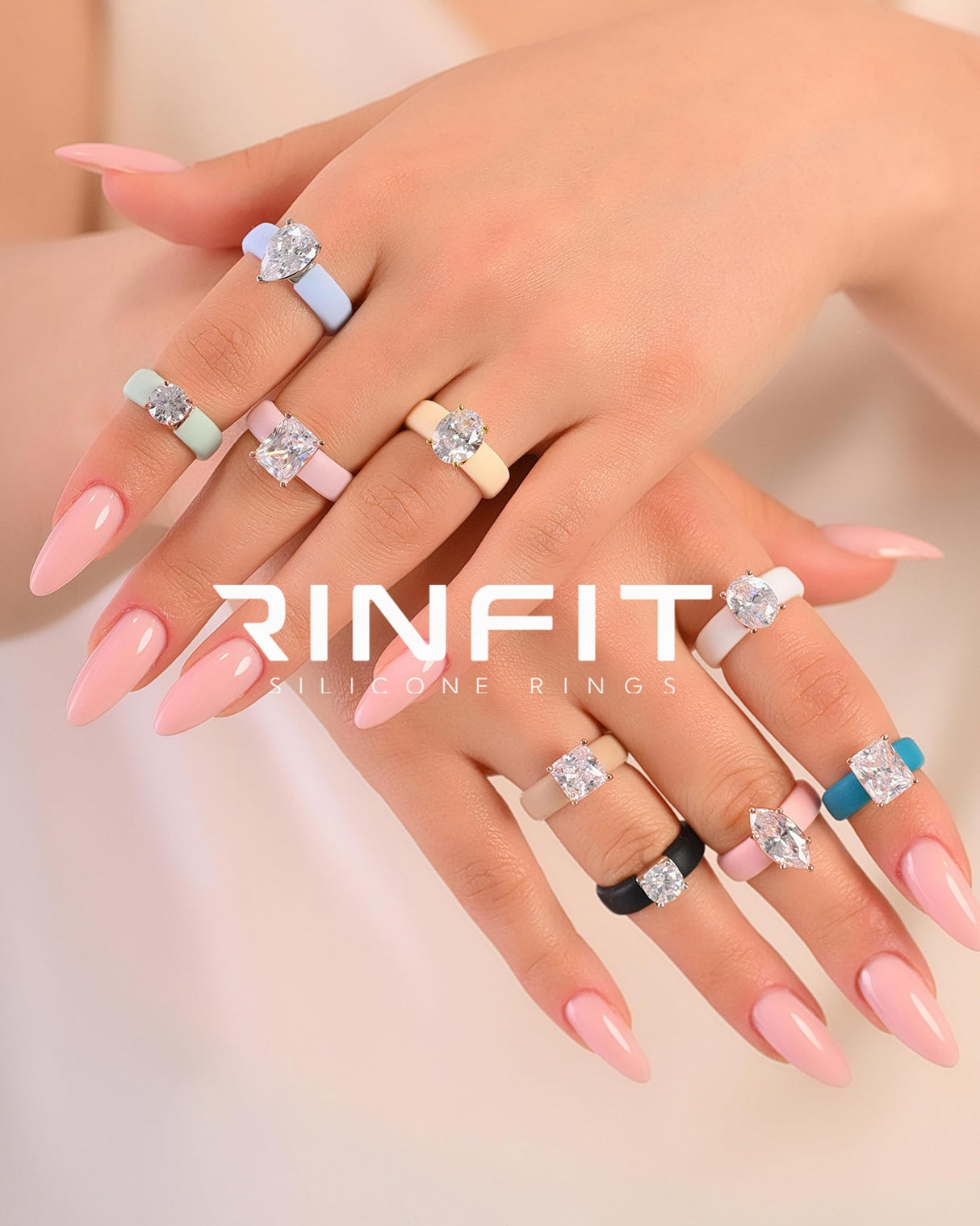 Rinfit Silicone Ring with Stone, Round Cut CZ - Pack: A, Wht/Sil, Size 7