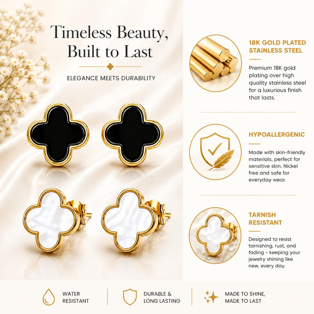 2 Pair Set I 18K Gold Plated Clover Earrings for Women | Four Leaf Stud Earrings | Valentines Gift I Anniversary I Wedding I Occasion