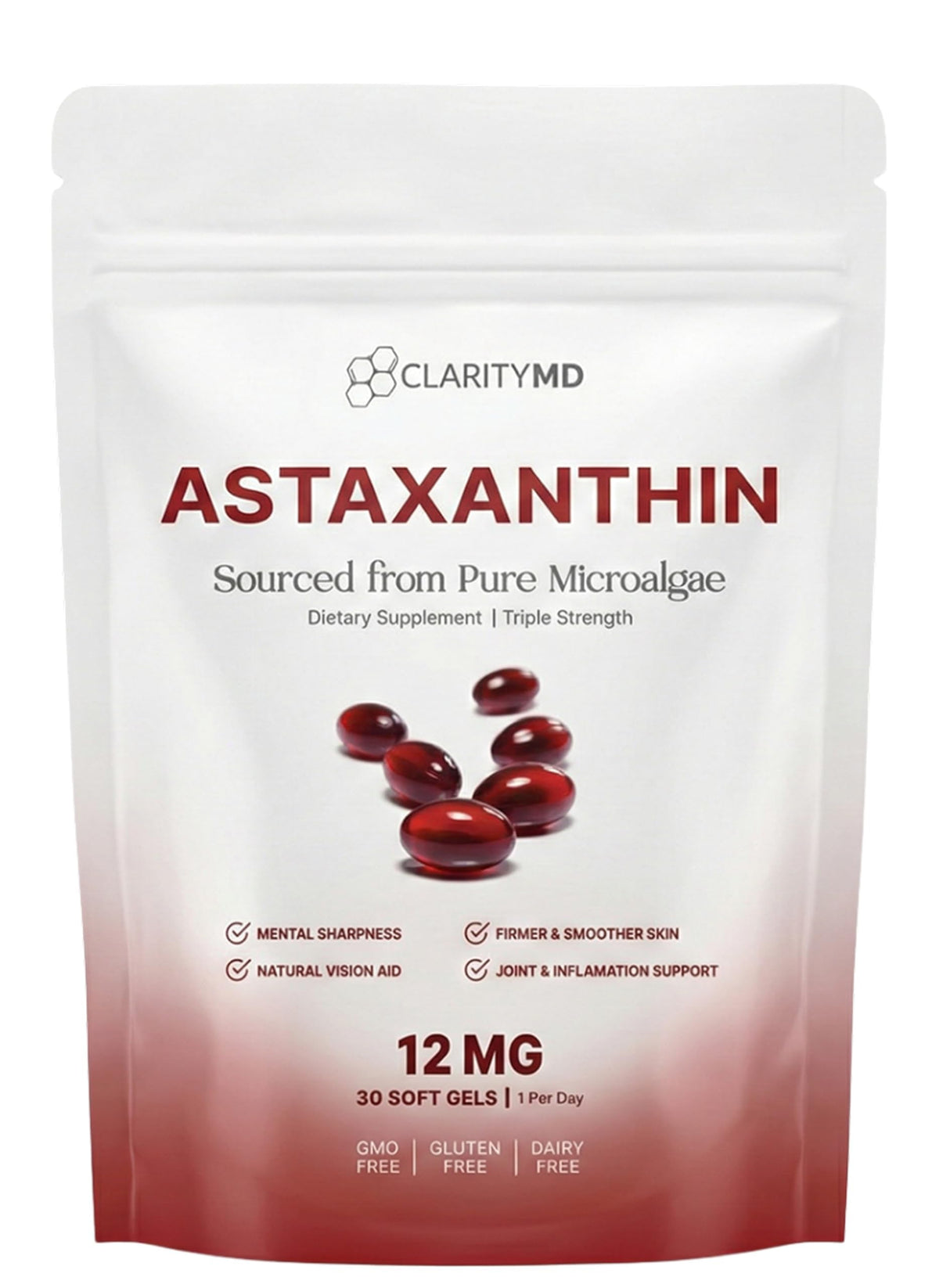 ClarityMD Astaxanthin 12mg Antioxidants Supplement – Natural Microalgae Source – Lipid-Based Softgel for Enhanced Absorption – Cognitive, Vision & Joint Support – 30 Softgels (Pack of 1)