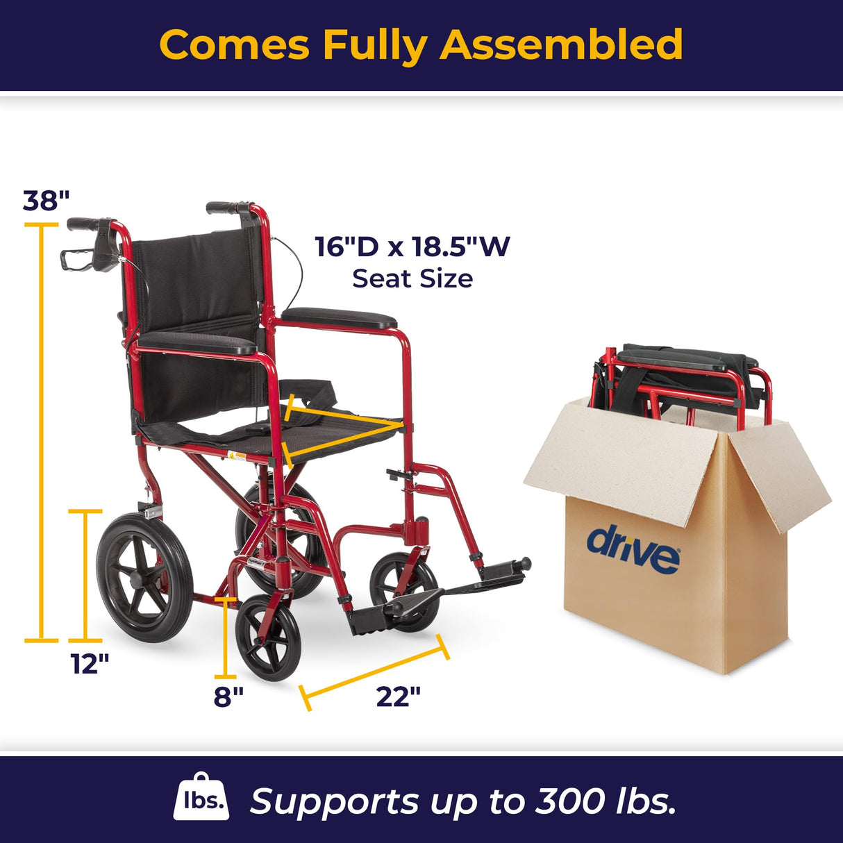 Drive Medical EXP19LTRD Lightweight Expedition Folding Transport Wheelchair with Hand Brakes, Ultra Lightweight Transport Chair for Seniors and Adults, Red