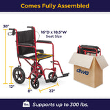 Drive Medical EXP19LTRD Lightweight Expedition Folding Transport Wheelchair with Hand Brakes, Ultra Lightweight Transport Chair for Seniors and Adults, Red