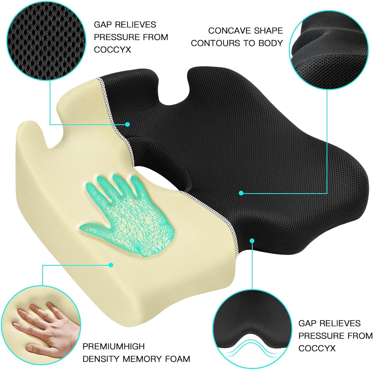 Benazcap X Large Memory Seat Cushion for Office Chair Pressure Relief Sciatica & Tailbone Pain Relief Memory Foam Firm Coccyx Pad for Long Sitting, for Office Chair, Gaming Chair and Car Seat Upgrade