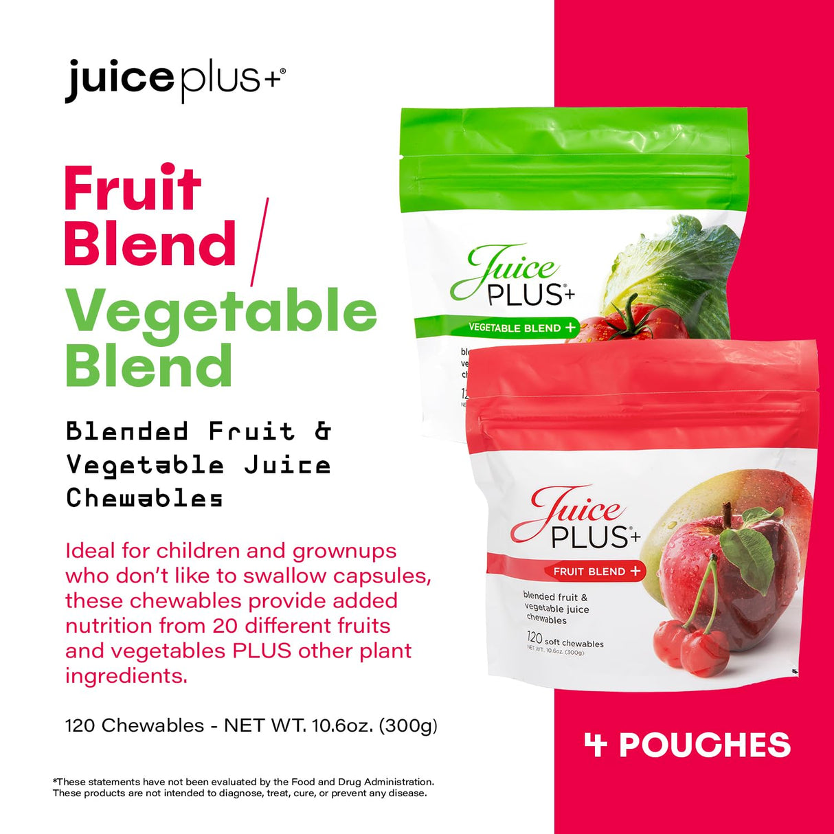 JuicePlus+ Fruit & Vegetable Blend Soft Chews - Tasty Vegan Fruit and Veggie Gummy Vitamins for Adults & Kids - 4 Month Supply (4 Pouches, 30 Chews Each)