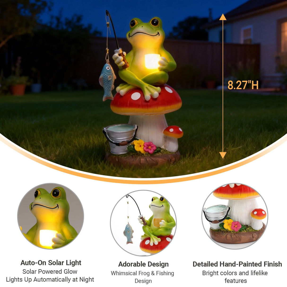 Elegondrar Solar Frog Garden Statue Outdoor Decor – Funny Fishing Frog Sitting on Mushroom, Gardening Gifts for Women, Mom, Grandma, Birthday, Housewarming, Christmas, Resin, 8.27" H