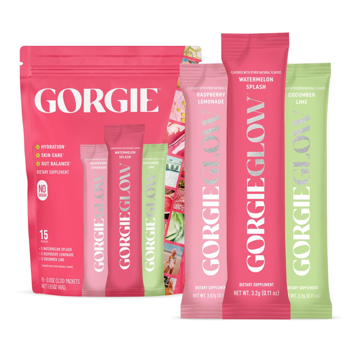 GORGIE Glow Variety Pack 15 Sticks, Electrolyte Powder Healthy Drink Mix, w/Hyaluronic Acid, Aquamin, Vitamin C & D, Probiotics, No Sugar, Antioxidants for Hydration, Skin Care, and Gut Balance