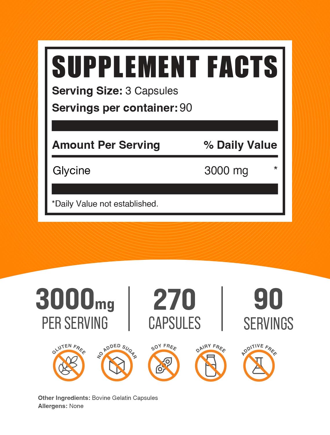 BulkSupplements.com Glycine Capsules - Glycine Supplements, Amino Acid Supplement - Gluten Free, 3 Capsules per Serving (3000mg), 270 Count (Pack of 1)