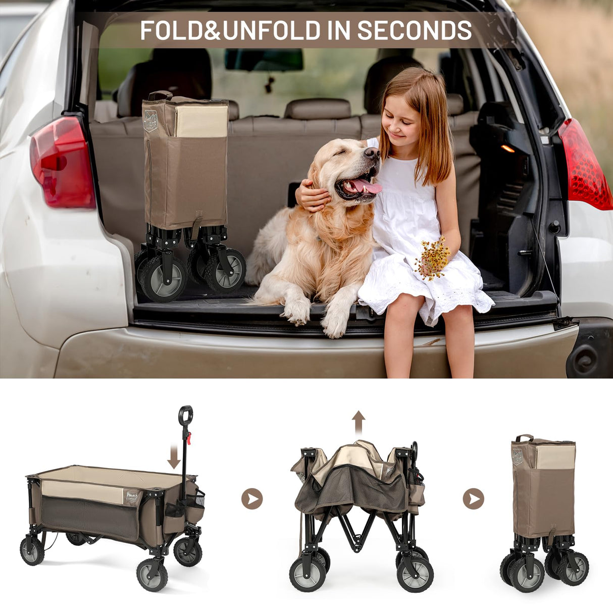 Timber Ridge Collapsible Outdoor Folding Wagon Cart Heavy Duty Camping Patio Shopping Garden Cart with Side Bag Cup Holder, Tan