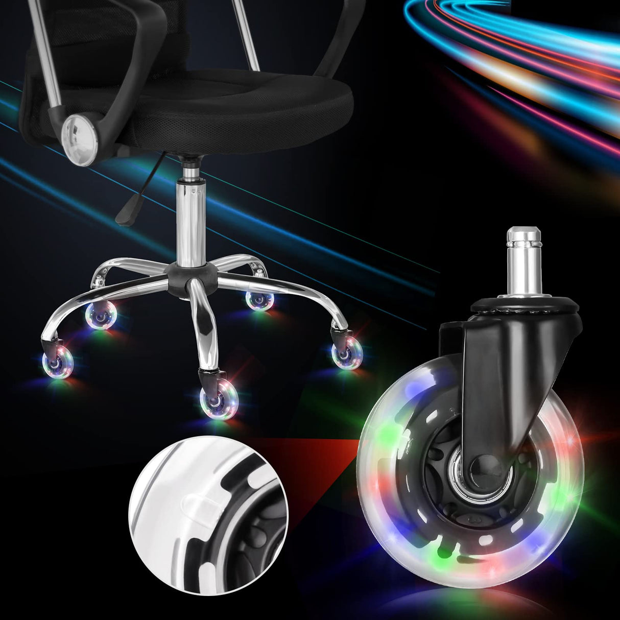Hivexagon Office Chair Caster with RGB Color Changing Lights Set of 5 Rubber Replacement, Heavy Duty Universal Quiet Rolling Casters Fit Standard Office Chair for Hardwood Floors, Tiles and Carpet