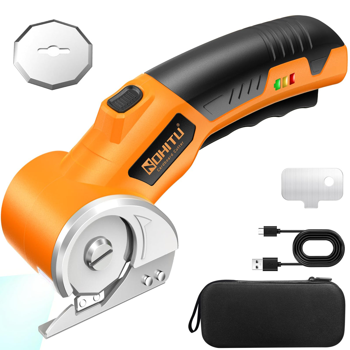 Cordless Electric Scissors: 4V Rechargeable Rotary Cardboard Cutter, 3000mAh Battery, with LED Light & Safety Lock, 2 Blades, Electric Box Cutter for Fabric Carpet Carton Plastic Leather Cloth(Yellow)