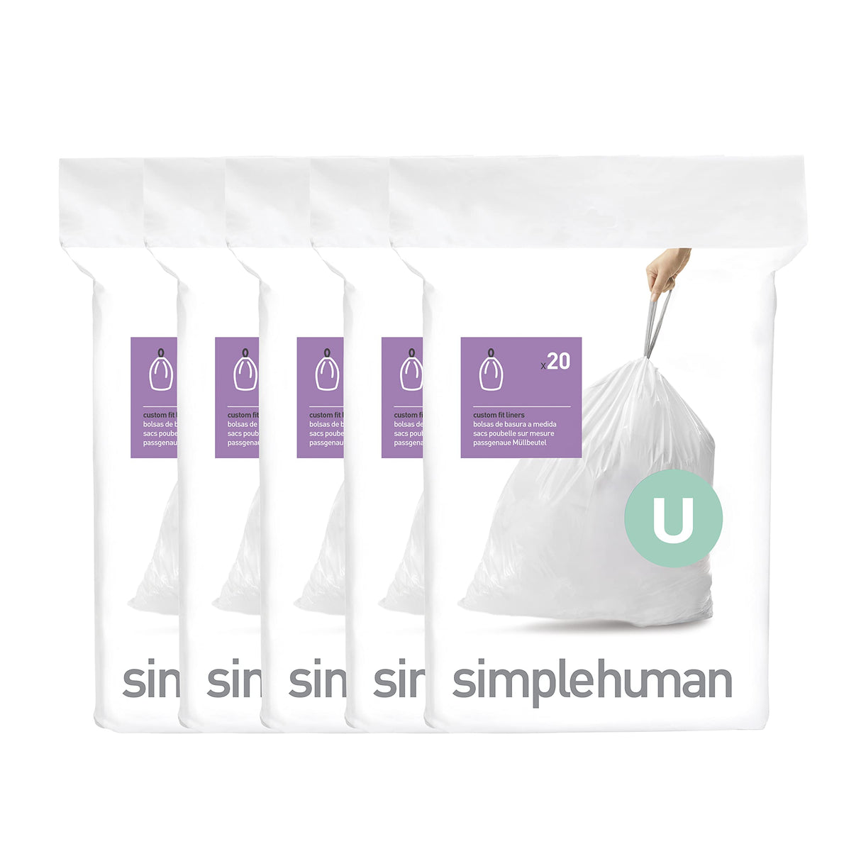 simplehuman Code U 100 Count, Dispenser Pack Custom Fit Liners, Drawstring Trash Bags, 55 Liter / 14.5 Gallon, White