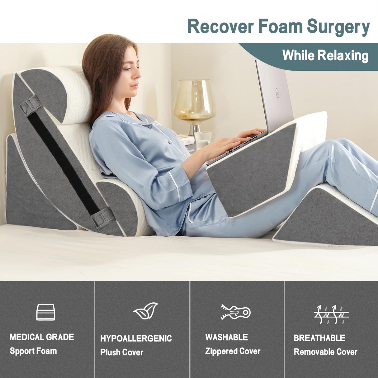 6pcs Orthopedic Bed Wedge Pillow Set for Sleeping, Post Surgery Foam for Body, Back and Leg Pain Relief Comfortable & Adjustable Support Pillows-Anti Snoring, Heartburn, Acid Reflux & GERD Sleeping