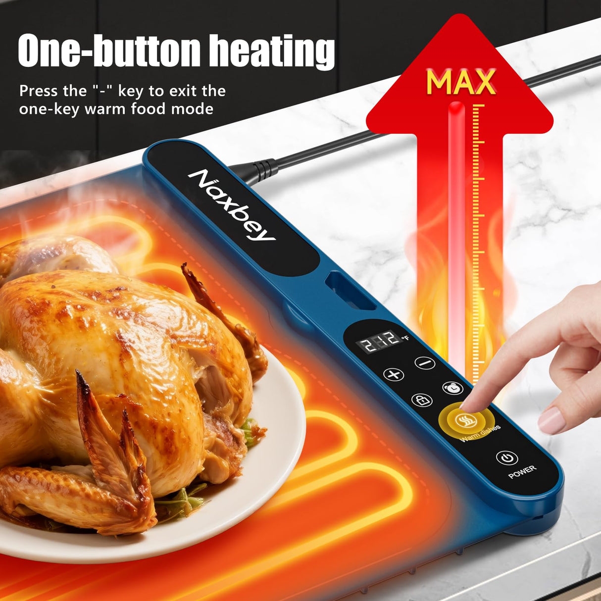 NAXBEY Warming Mat for Food, Food Warmers for Parties Buffet, Foldable Food Warming Mats for Countertops and Daily Use with Timer and 7 Temperature Levels, with one-touch heating button, 15"x23.6"