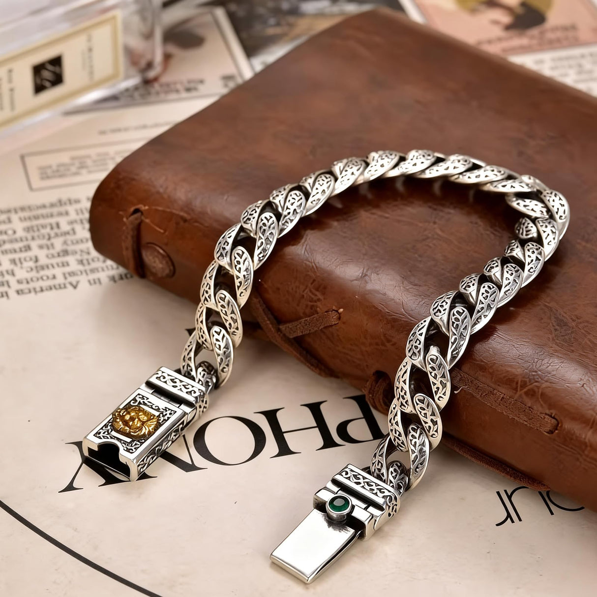 Italian Sterling Silver Men's Bracelets Jewelry，8.6" Lion