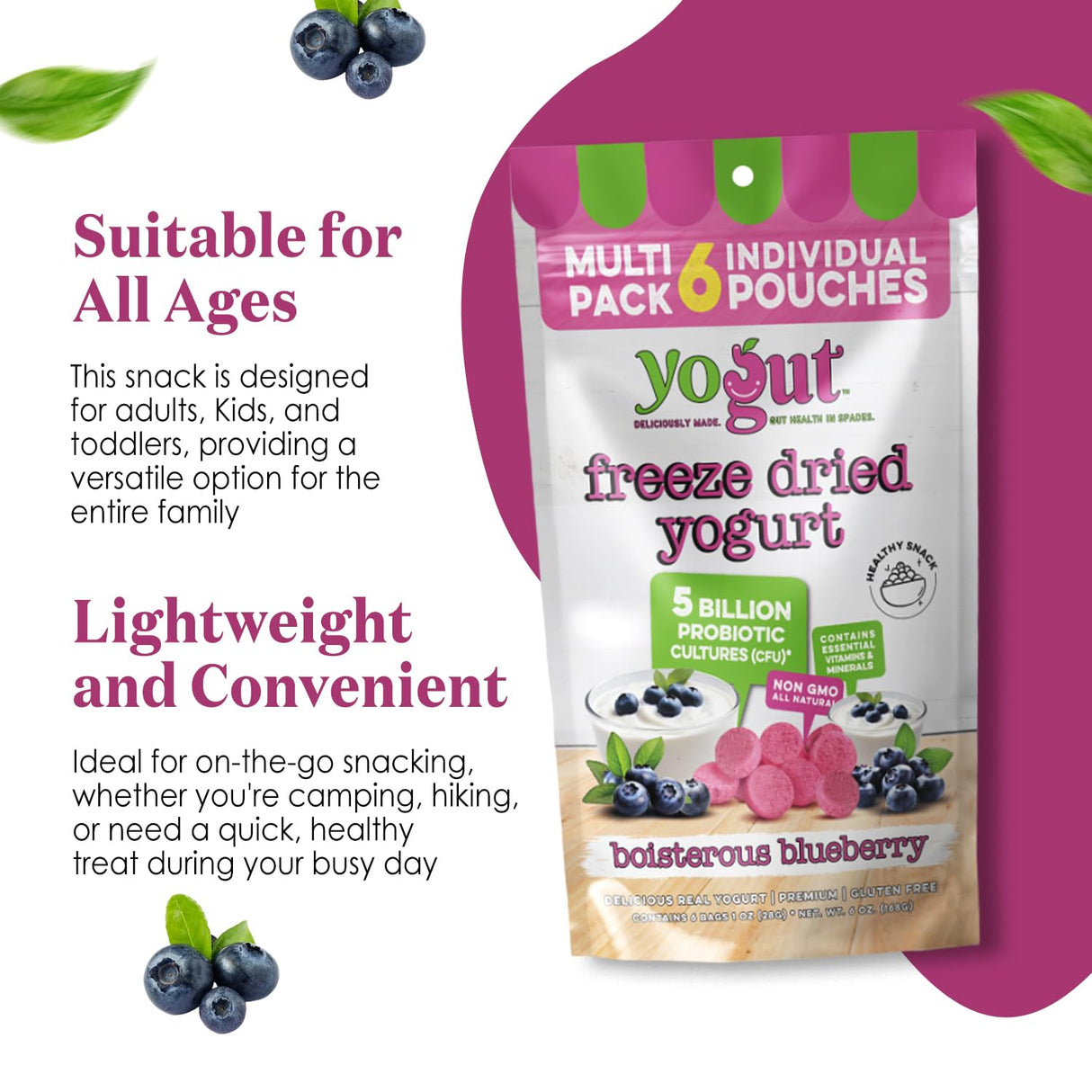 YoGut Freeze Dried Yogurt Snack, Blueberry, 6 Pack, Healthy Snacks for Kids, Toddlers & Adults, Gluten Free, Non GMO, With 5 Billion Live Probiotics, Vitamins & Minerals, Individual Snack Packs