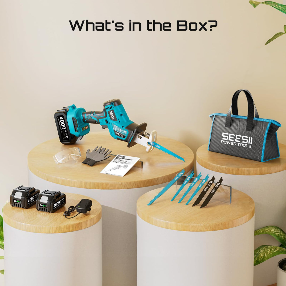 SEESII Reciprocating Saw Cordless, Variable Speed 3500 RPM Brushless Motor with 6 Saw Blades, 2 x 4.0Ah Batteries, LED Light, Tool‑Free Blade Change, Portable for Wood PVC Cutting