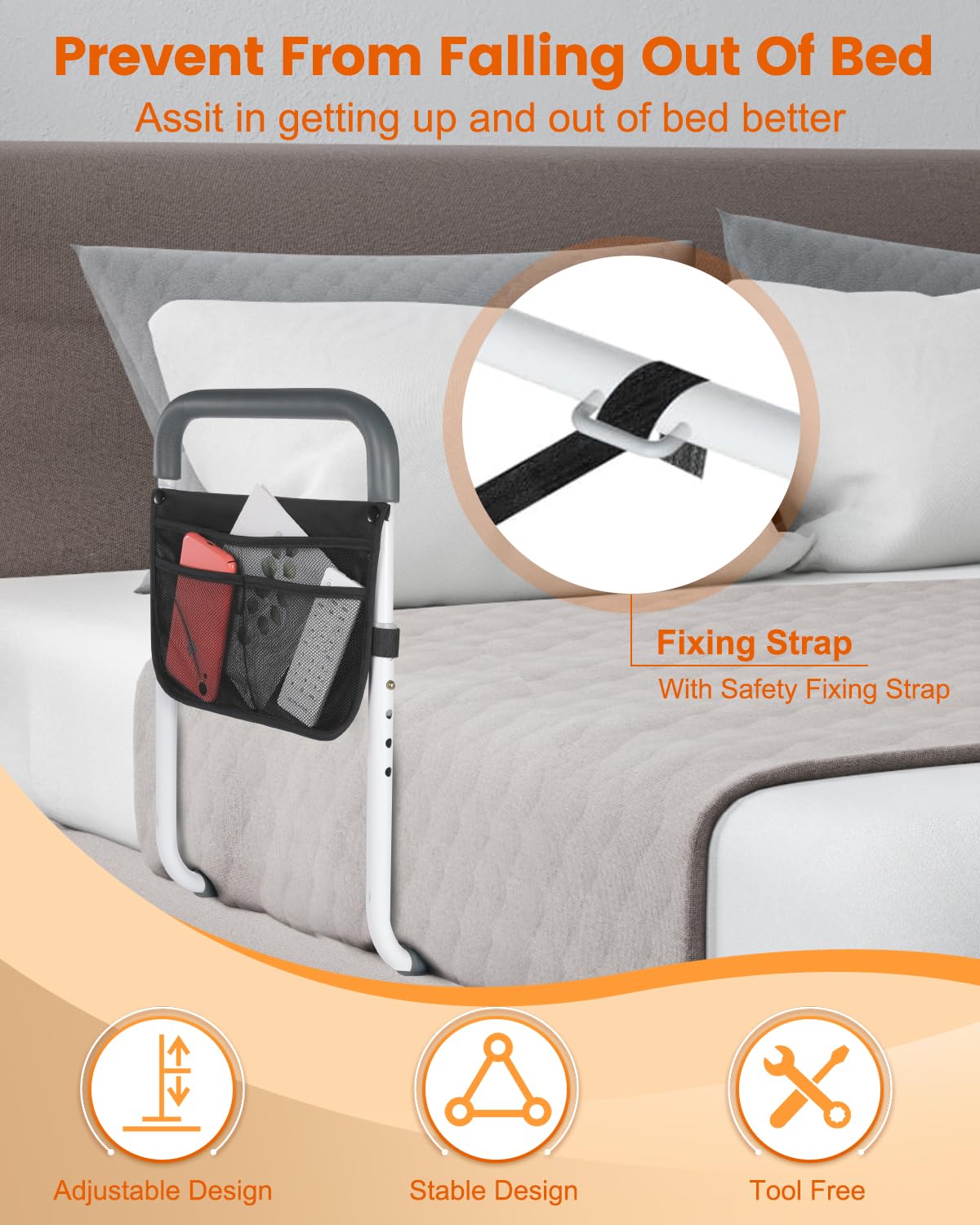 Bed Rails for Elderly Adults Safety - Adjustable Bed Assist Rail for Seniors - Stable Bed Side Rails Handle Support Bar Bed Guard Rails with Storage Bag & Fixing Strap, Fit King Queen Full Twin Bed