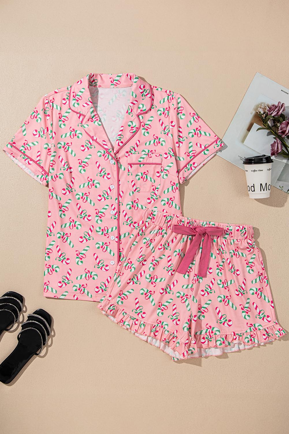 KevaMolly Womens Christmas Lounge Sets Pink Christmas Candy Cane Print Pocketed Knotted Lounge Set Short Sleeve Xmas Top and Shorts M