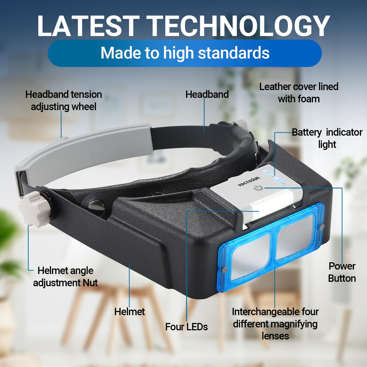 YOCTOSUN Headband Magnifying Glass with Light, Rechargeable Magnifying Glasses for Close Work, 1.5X-3.5X Head Magnifier with 4 Lenses, Hands Free Magnifier Glass Visor for Jewelers, Crafts, Hobby