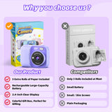 Kids Instant Print Camera with 5 Rolls Print Paper, 1080P HD Camera, Rechargeable Portable Toddler Selfie Camera, Christmas Birthday Gifts Toys for Boys Girls Age 3-12 (Purple)