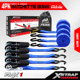 XSTRAP STANDARD Ratchet Tie Down Straps 4 Pk 10 Ft- 300 Lbs Load Cap- 900 Lbs Break Strength-Cargo Straps for UTV, ATV, Pickup,Truck, Moving Appliances, Lawn Equipment, Blue