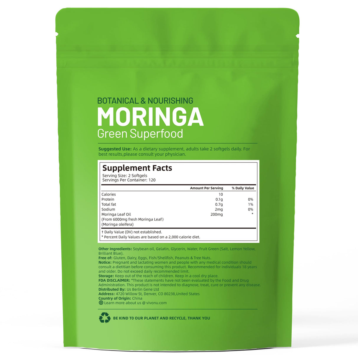 VivoNu Moringa Capsules | Pure Moringa Leaf Extracts, Energy, Skin & Gut Health Superfood, Rich in Antioxidants, Essential Vitamins & Amino Acids, Natural Green Superfood Supplement