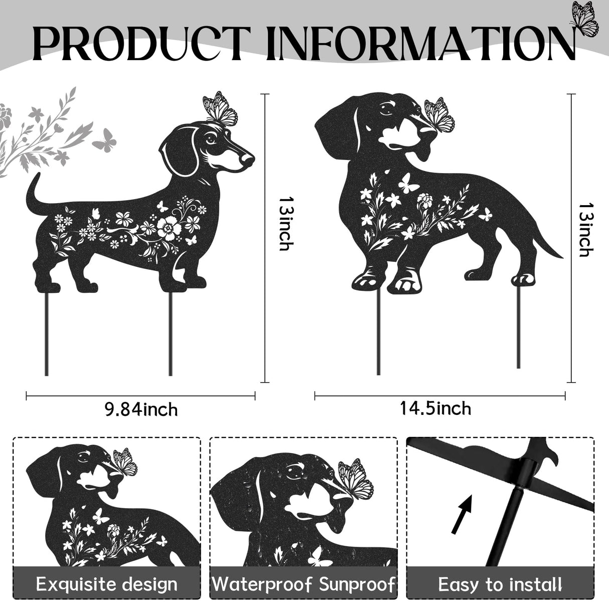 LIRAVENO Dachshund Garden Stakes Decorations - 2 Pcs Metal Dog Lover Statues Set Decor for Yard Black Butterfly Gifts Silhouette Lawn Ornaments Outdoor Cute Art Flowers Patio Signs Animals Sculpture