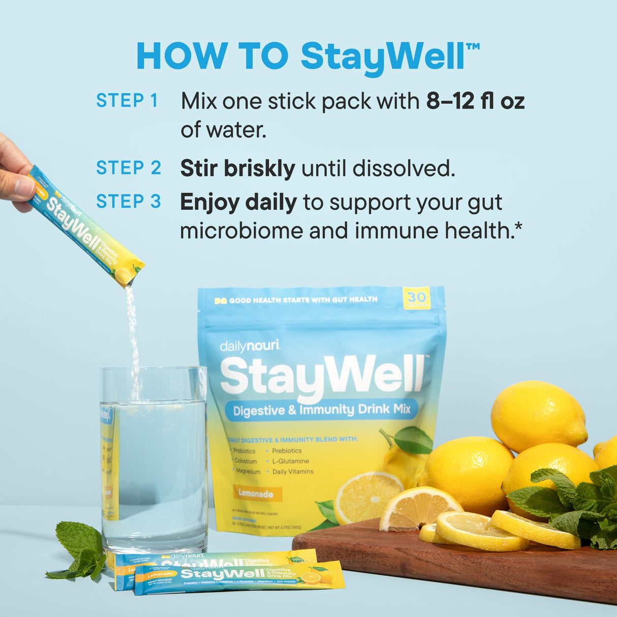 Daily Nouri StayWell Digestive & Immunity Drink Mix | Probiotics, Prebiotics, Colostrum, L-Glutamine, Magnesium, Manganese, Zinc, Vitamins for Gut Health, Digestion & Immune Support | 30 Stick Packs