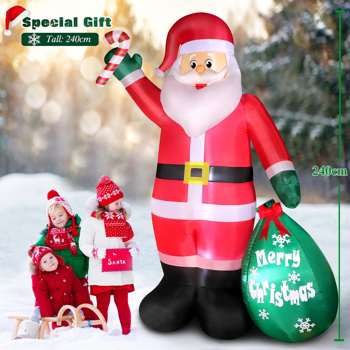 8 FT Christmas Inflatable Santa Claus with Candy and Big Gift Bag Outdoor Decor, Blow Up IP44 Weatherproof Xmas Decorations for Yard, Built-in LED Light for Gardern Lawn Indoor Winter Holiday