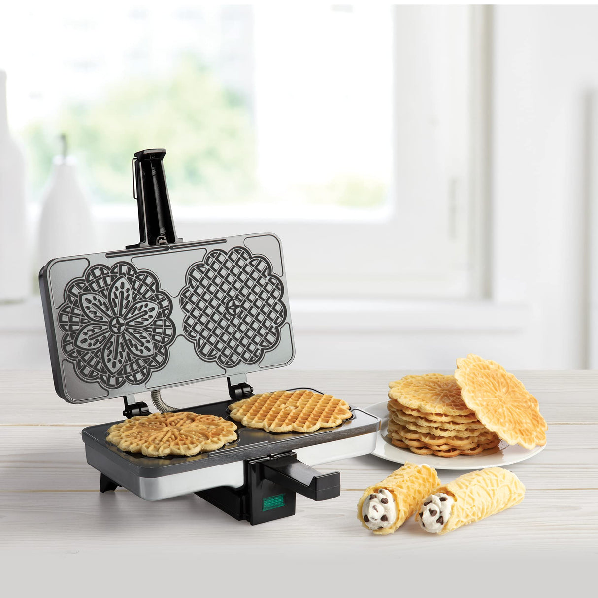 Pizzelle Maker- Nonstick Electric Holiday Baker Press Makes Two 5-Inch Cookies at Once- Christmas Baking Supplies for Party- Italian Dessert Treat Making with Recipe Guide- Cookie Swap Gift for Her