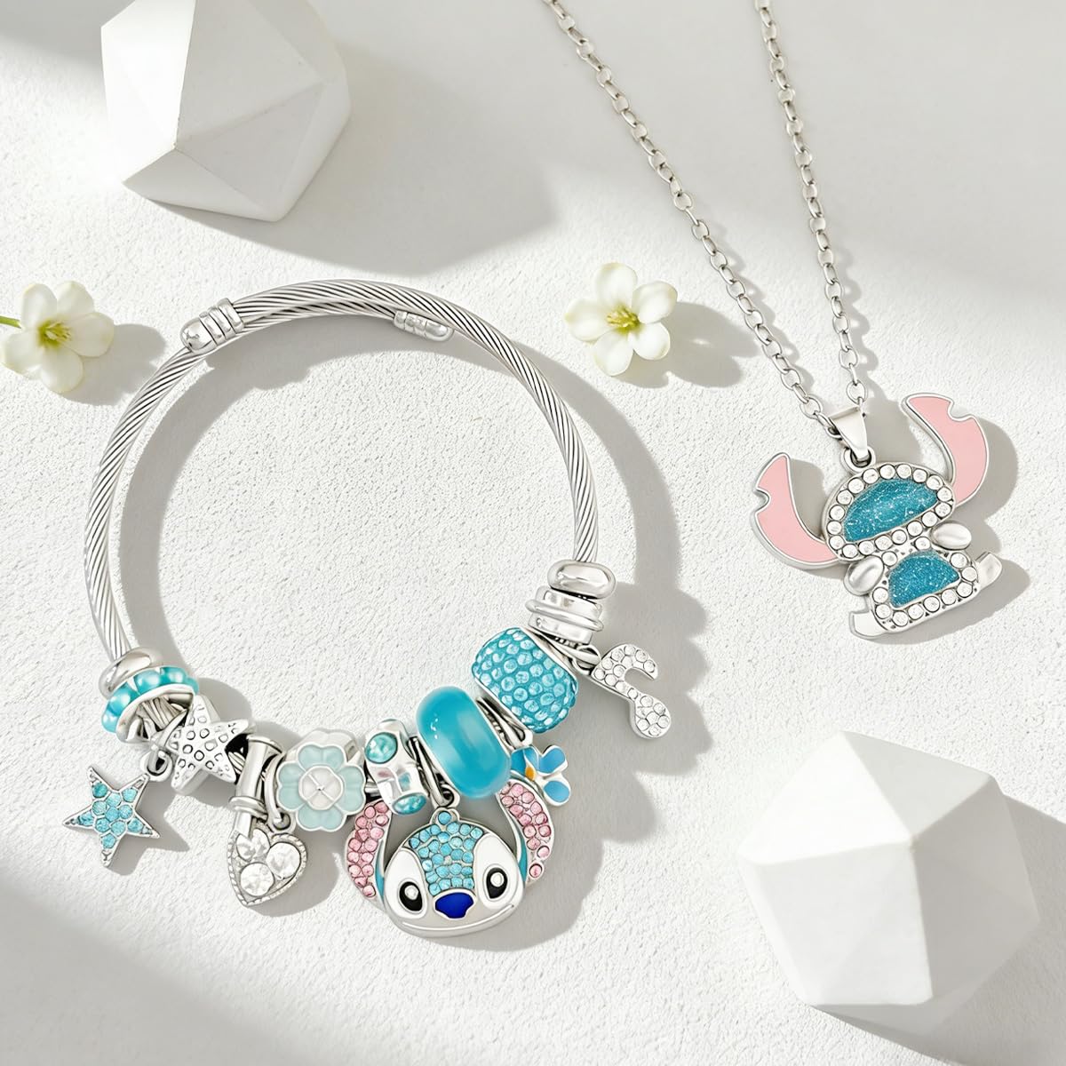 AmaaLeaf Cute Anime Cartoon Charm Bracelet, Adjustable Bangle and Necklace Jewelry Set Gifts for Women on Birthdays, Holidays (Set 1)