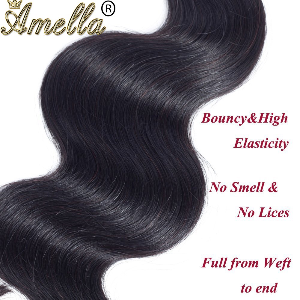 Amella Hair 100% Unprocessed Virgin Brazilian Human Hair Brazilian Body Wave 3 Bundles (18 20 22,300g) Hair Extensions Grade 8A Remy Human Hair Bundles Natural Black Color