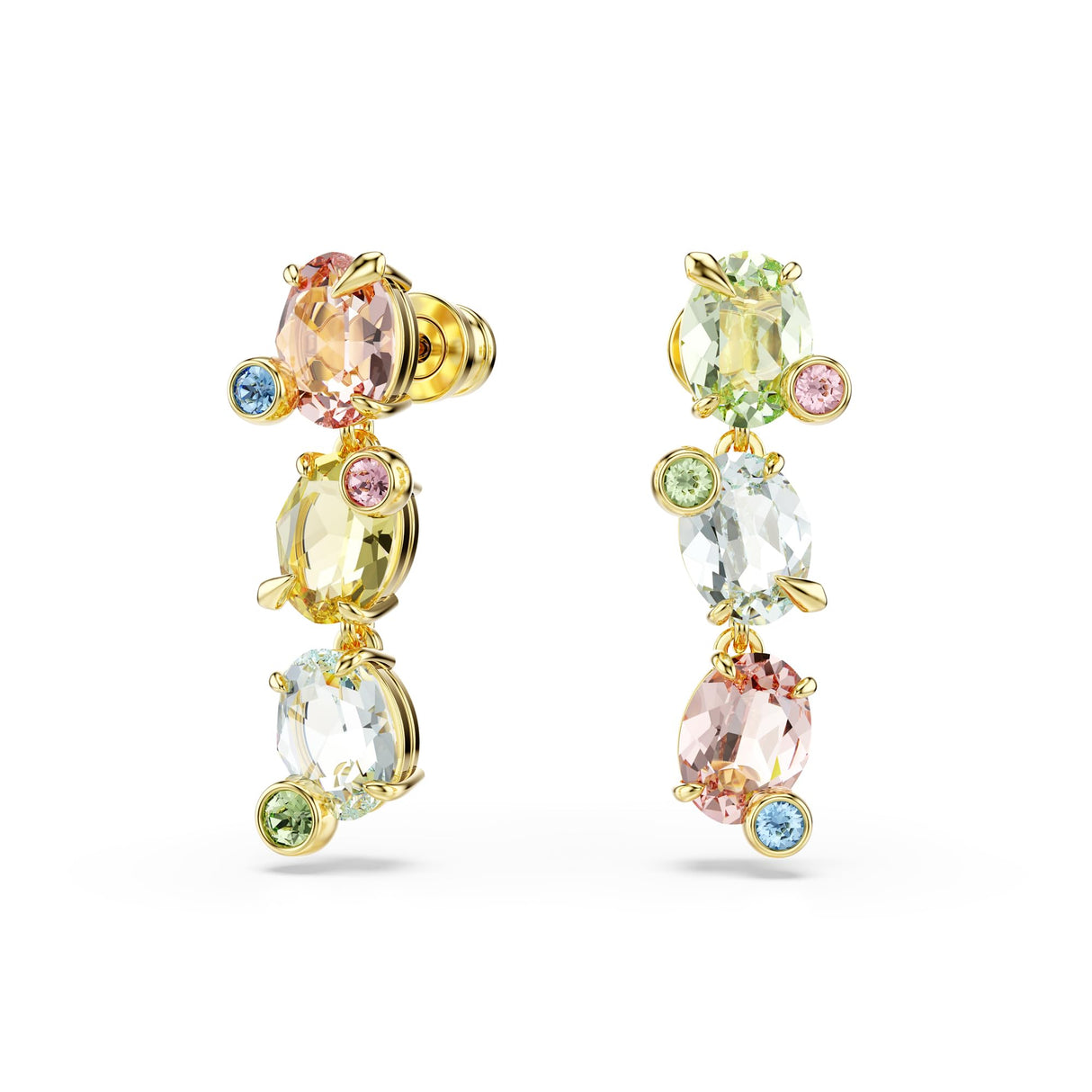 Swarovski Gema drop earrings, Asymmetrical design, Mixed cuts, Multicolored, Gold-tone finish