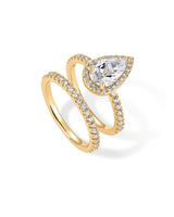 PAVOI 14K Yellow Gold Plated 1.7CT Pear Cubic Zirconia Eternity Engagement Ring Wedding Bridal Promise Pack for Women - Hidden Halo Ring Set - Size 7