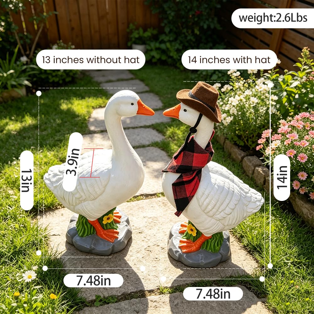 VTYER 2026 New Adjustable Large Porch Goose Statue – 14 Inch Realistic Hollow Plastic Garden Goose with Removable Cowboy Hat & Bandana, Stone Base with Sand-Fillable Design (White)