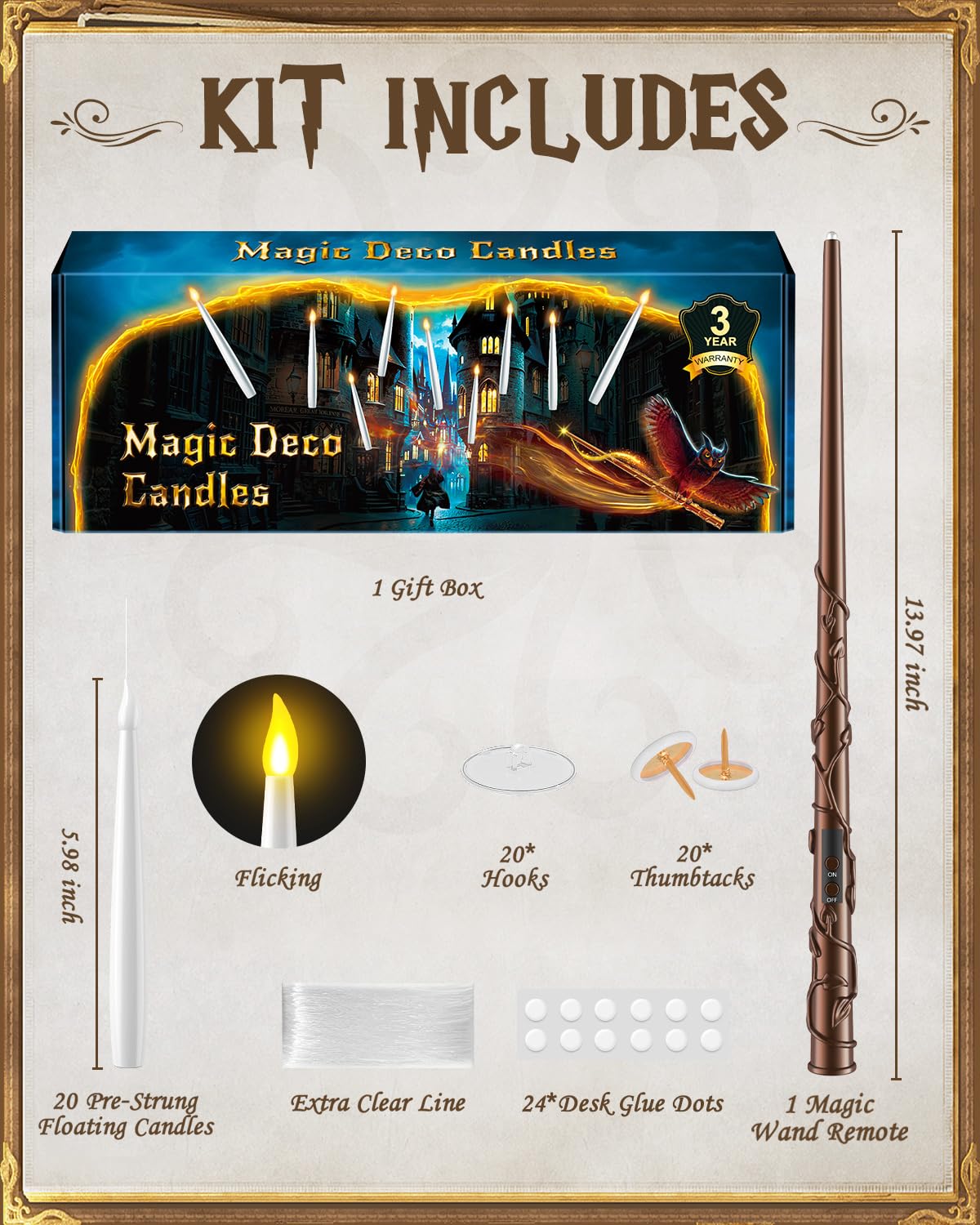 TLPUHU Floating Candles with Wand 20PCs -Halloween Magic Hanging Flameless Candles Taper Candles with Remote for Christmas Window Home Bedroom Birthday Party Decorations