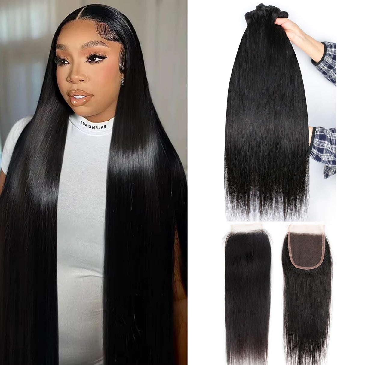 Human Hair Bundles with Closure Straight(22 24 26+20,Free Part) Closure with 3 Bundles Brazilian Virgin Hair 16A Extensions with Pre Plucked with Baby Hair 4X4 HD Lace Closure Natural Black Color