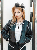 Ecation 7 Pcs 80s Women Costume Accessories Halloween Leather Punk Bracelet Black Cross Necklace Lace Headband Fishnet Glove(Classic Style)
