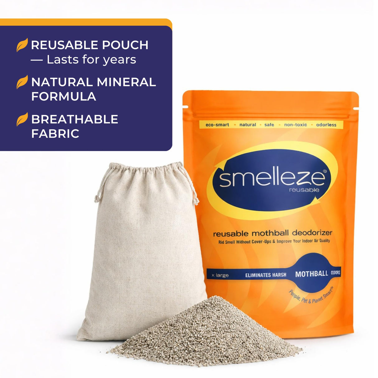 SMELLEZE Natural Mothball Smell Remover Pouch - Reusable Odor Eliminator for Closets, Basements, Furniture & Drawers - Eco-Friendly Formula - Unscented & Safe - Covers 375 sq. ft.