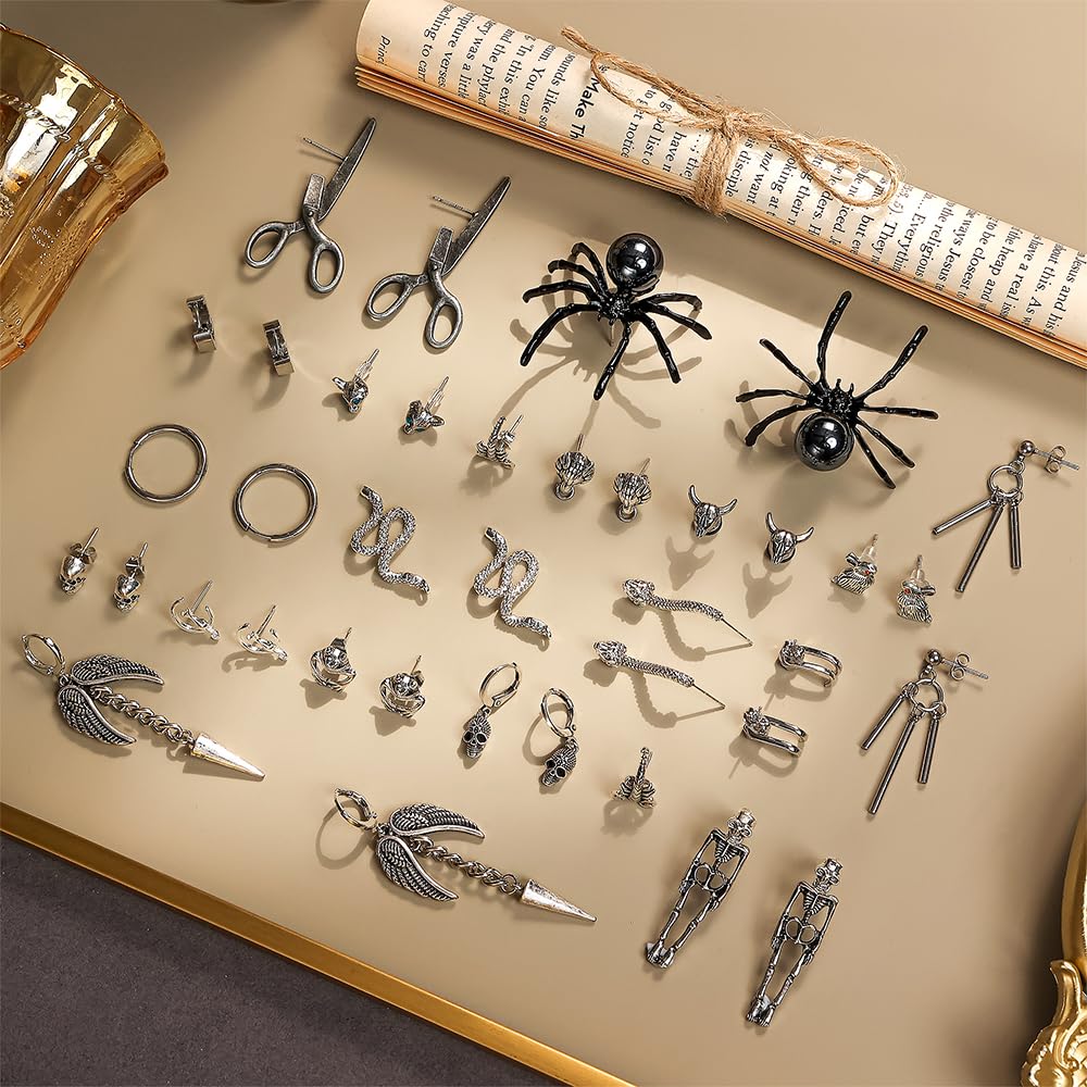 18 Pairs Stainless Steel Y2K Punk Hoop Dangle Earrings for Men, Frog Snake Spider Skull Heads etc Huggie Hoop Long Chain Piercing Hoop Earrings Set for Women and Men