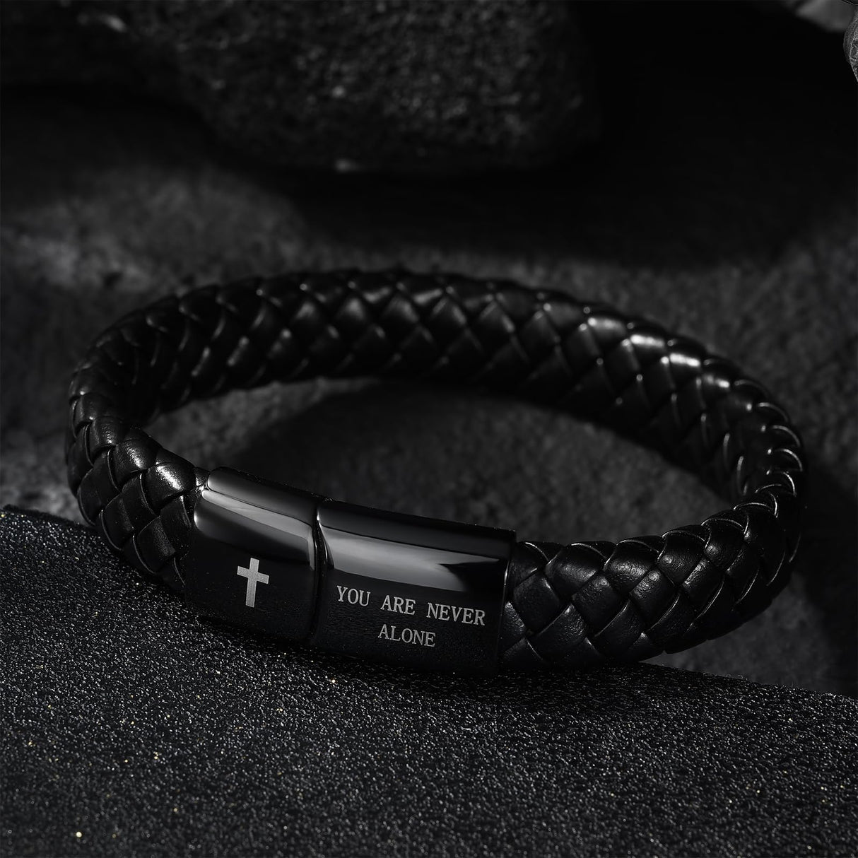 Alissl Black Braided Leather Bracelet for Men, Christian Mens Gifts Ideas