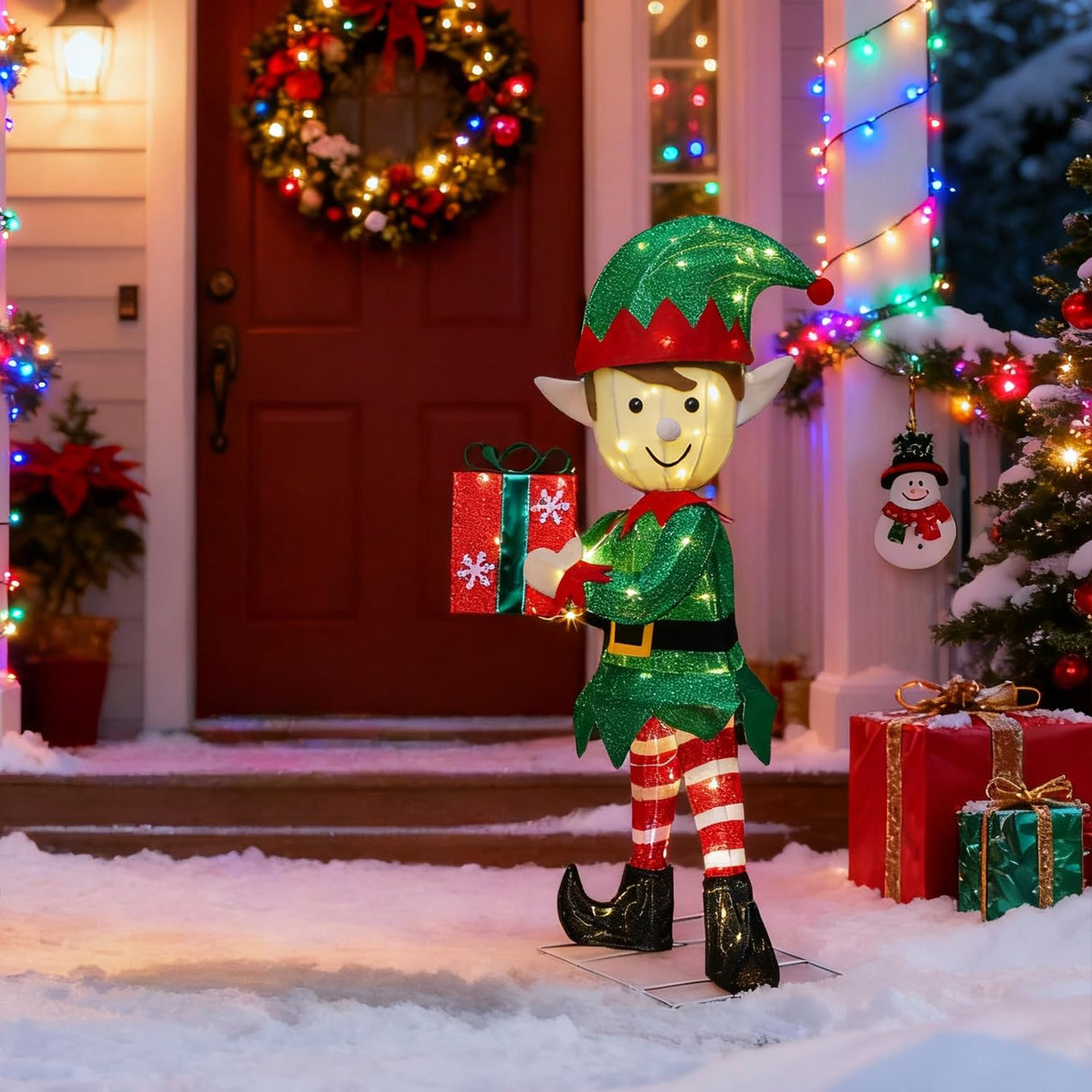 Hausse Lighted Christmas Outdoor Decor, 38" Height Pre-Lit 3D Tinsel Xmas Green Elf Figure, Light Up Xmas Yard Displays, Plug in for Holiday Party New Year Winter Patio Lawn Garden