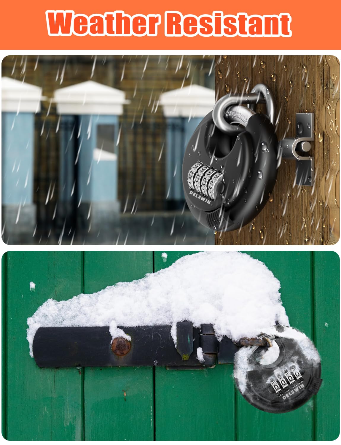 DELSWIN 4-Digit Disc Combination Lock Outdoor - Heavy Duty Combination Padlocks with Hardened Steel Shackle Weatherproof Combo Locks for Gates,Sheds,Fence,Storage Unit (3/8" Shackle, Black and Silver)