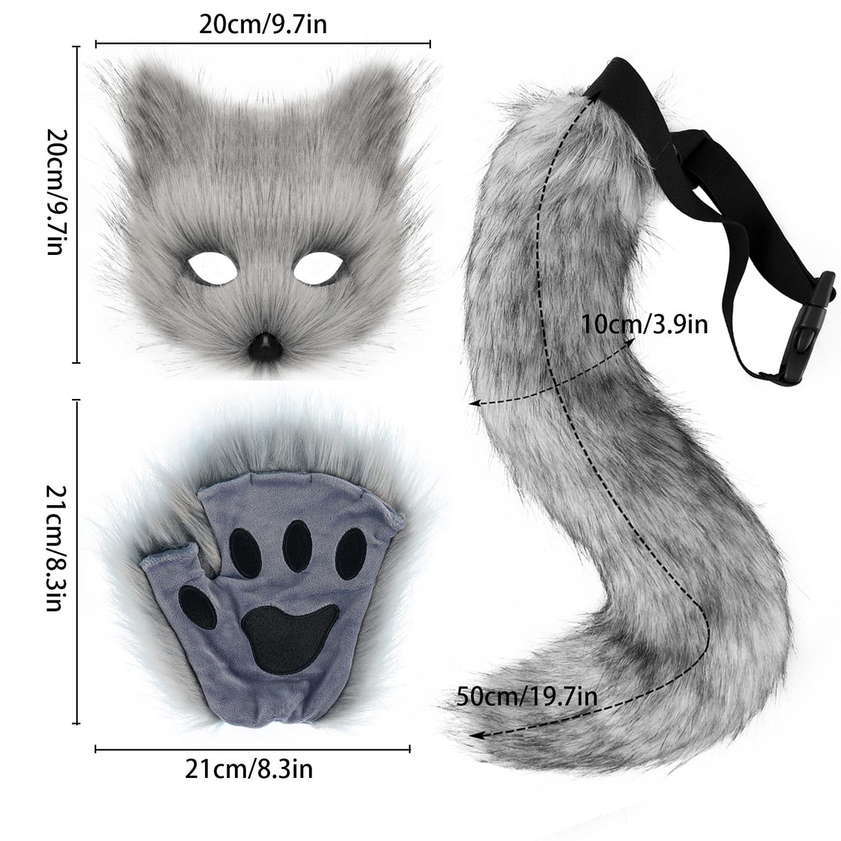 Adolala Faux Fur Fox Tail Cat Wolf Set Plush Mask Fluffy Paw Gloves Halloween Christmas Party for Women