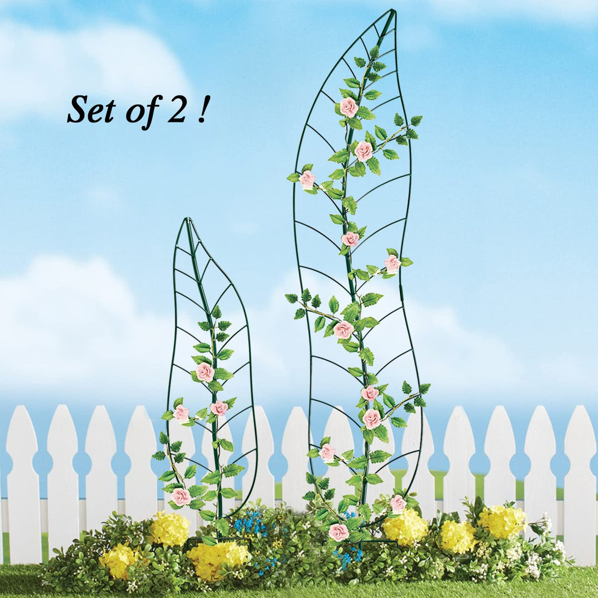 Garden Trellis Plant Support Trellis Green Leaf Trellis Garden Decoration for Climbing Vines Floral Metal Trellis Set of 2（Green）