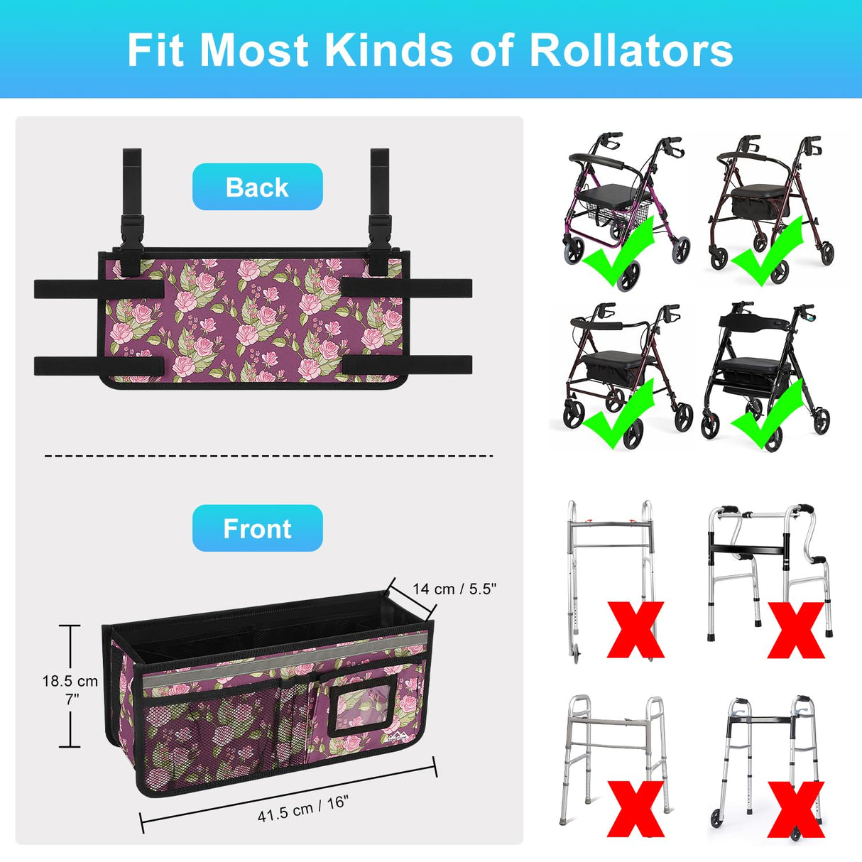 Rollator Basket, supregear Rollator Walker Bag w/Cup Holder, Foldable Rolling Walker Waterproof Storage Pouch with Big Capacity & Never Tipping Over, Easy to Use Rollator Accessories for Seniors