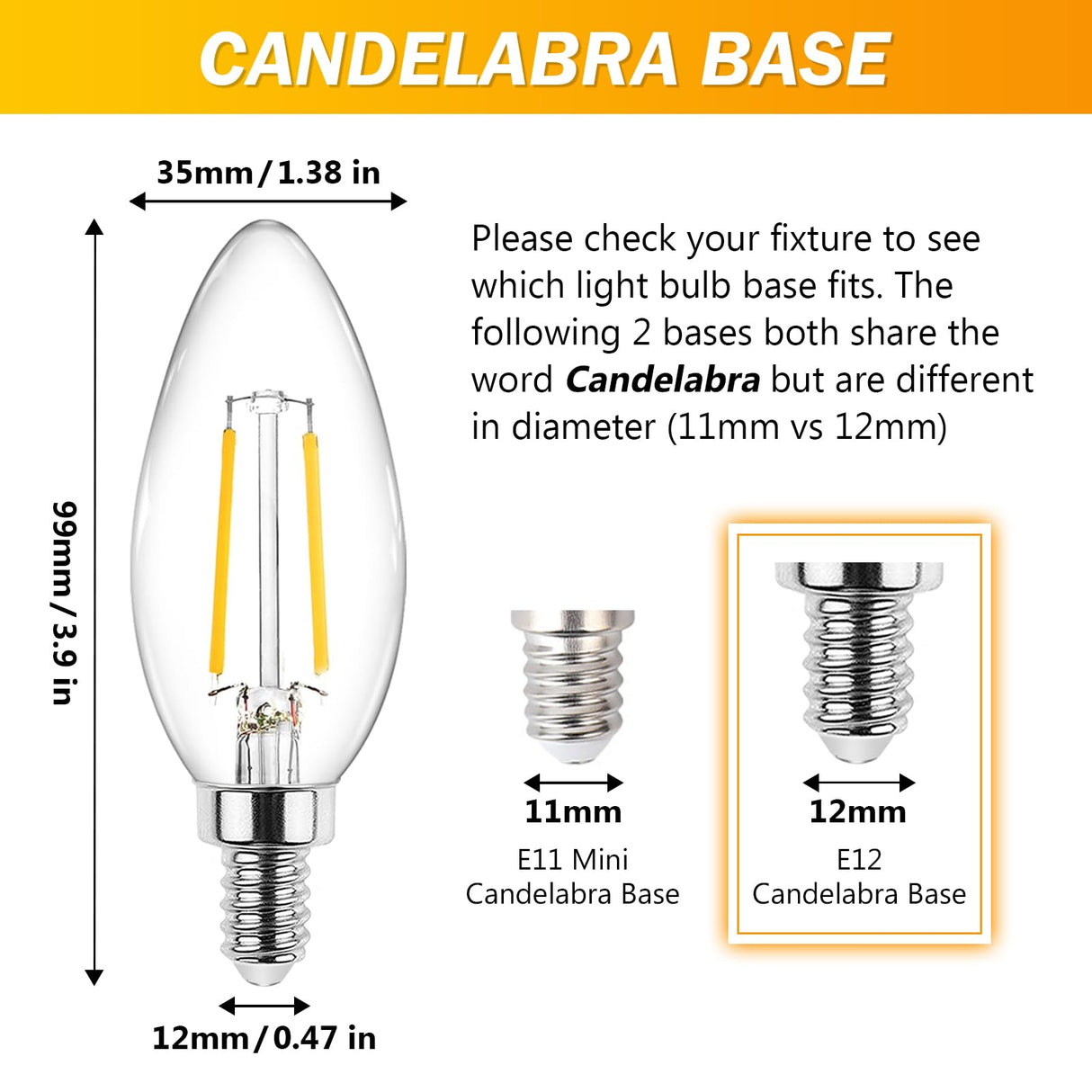 Ascher Classic E12 LED Candelabra Light Bulb 4W, Equivalent 40W, Warm White 2700K, Non-Dimmable, Clear Glass Filament Chandelier LED Bulbs, E12 Candelabra Base Candle Light Bulbs, Pack of 10