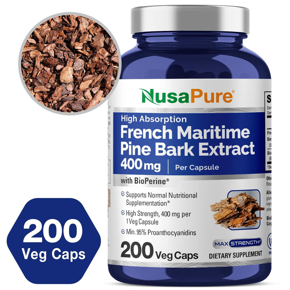 NusaPure French Maritime Pine Bark Extract 400mg per Veggie Caps 200-Day Supply Bioperine Non-GMO Vegan