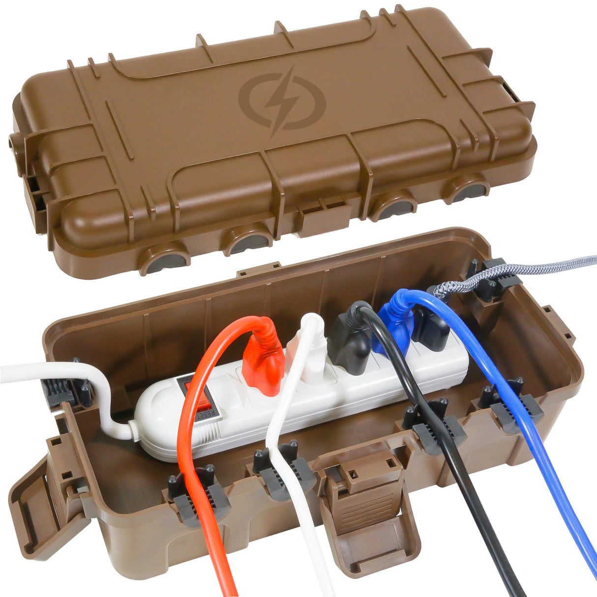 OUTDSPLY Medium Outdoor Electrical Box (11.6x5.2x4.1 inch), IP54 Waterproof Extension Cord Cover w/ 6 Cable Entry, Weatherproof Connection Box for Power Strip, Plug, Timer, Holiday Lights, Brown