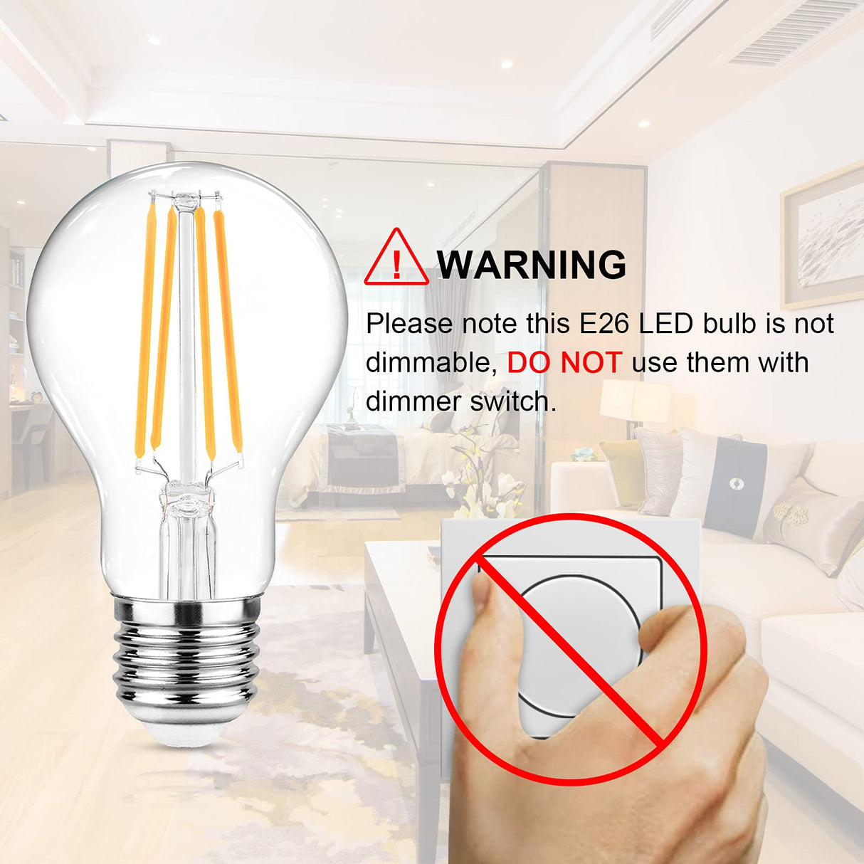 Ascher 60 Watt Equivalent, E26 LED Filament Light Bulbs, Warm White 2700K, Non-Dimmable, Classic Clear Glass, A19 LED Light Bulb with 80 CRI, Pack of 6