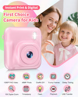 Digital Camera for Kids Instant Print, 48MP Dual-Lens Kids Camera for Girls Boys Christmas Birthday Gifts, 1080P Video Selfie Instant Cameras, Portable Toddler for 4-12 Years with 32GB Card-Pink